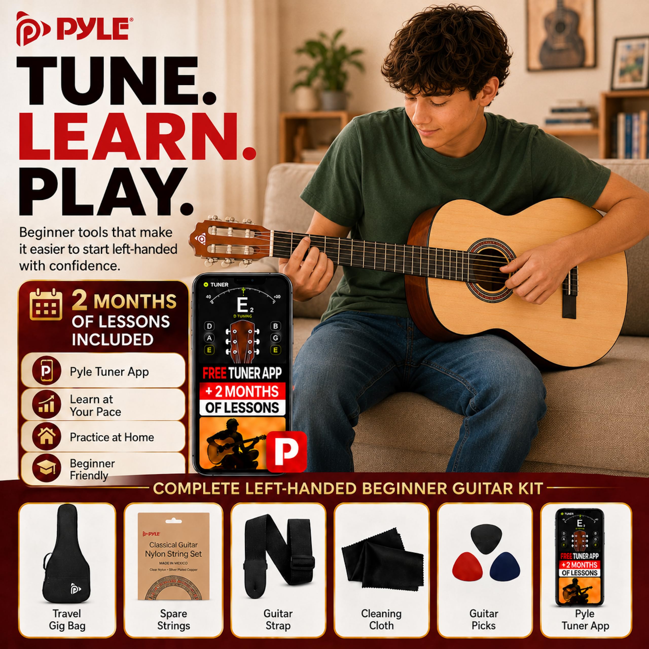 Amazon.com: Pyle Left Handed Beginner Acoustic Guitar Kit, 3/4